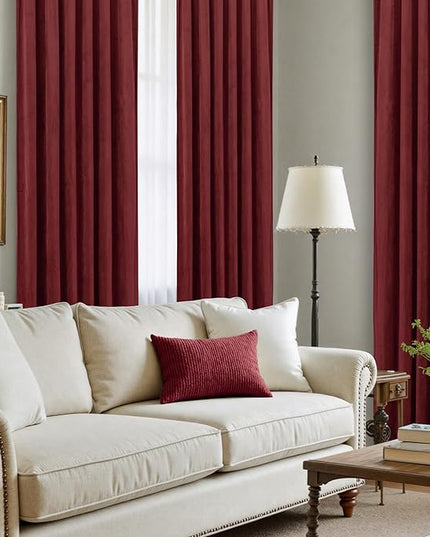 LAMIT Burgundy Red Velvet Curtains 96 Inch for Living Room, Vintage Thermal Room Darkening Panels Privacy Back Tab and Rod Pocket Christmas Drapes for Bedroom/Theater, 2 Panels, 52 x 96 Inch