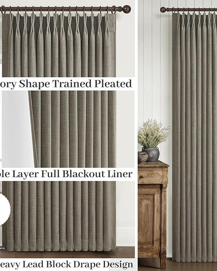 Extra Long 108 Inch Blackout Floor to Ceiling Curtains for Dining Room, Sepia Ebony Memory Trained Pinch Pleated Two Layer Thick Linen Blend Insulated Soundproof Decorative Windows Drapes 2 Panels Set