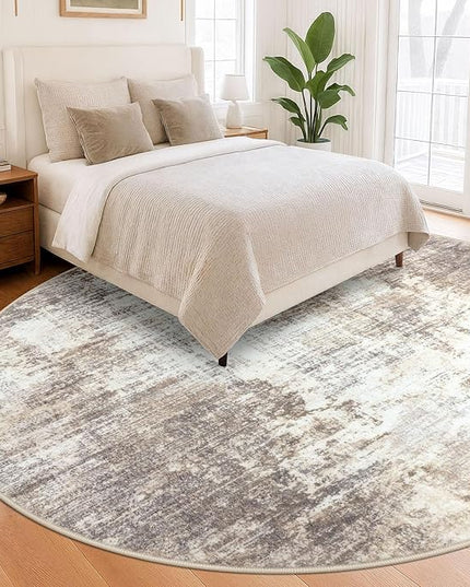 IOHOUZE Abstract Round Area Rug 8 Ft Washable Circle Rugs Large Round Rug Non Slip Thin Soft Circle Rugs, Printed Faux Wool Floor Carpet for Bedroom Living Room Dining Room Nursery, Beige Brown