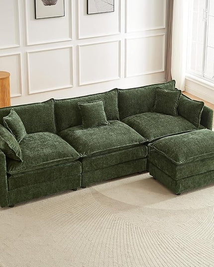 Modular Sectional Sofa, 112.2 Inch L Shaped Couch Set with Armrests, 3-Seater Comfy Cloud Couches with Movable Ottoman for Living Room Apartment, Green Sofa