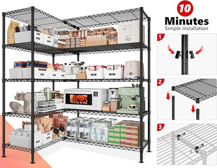 REIBII 5-Tier Heavy Duty Metal Wire Shelves, Industrial Style, 61.7"W x 72.4"H x 15.8"D, 1500 LBS Capacity, Adjustable, Rust Resistant, 2 Pack