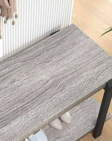 FOLUBAN Entryway Bench, Vintage Wood and Metal Shoe Bench for Hallway Front Door Entrance, Farmhouse Indoor Shoe Storage Bench Seat for Bedroom, Living Room, Light Grey, 47 Inch