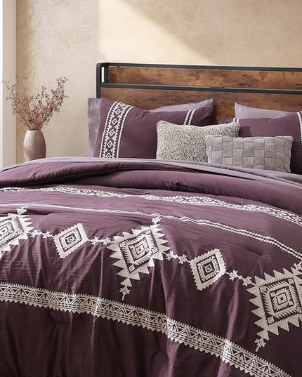 MaiRêve Embroidery Full Size Comforter Set Purple, Farmhouse Western Boho Bedding Set 7 Pieces, All Season Bed in A Bag Comforter Set with Sheets, Pillowcases & Shams