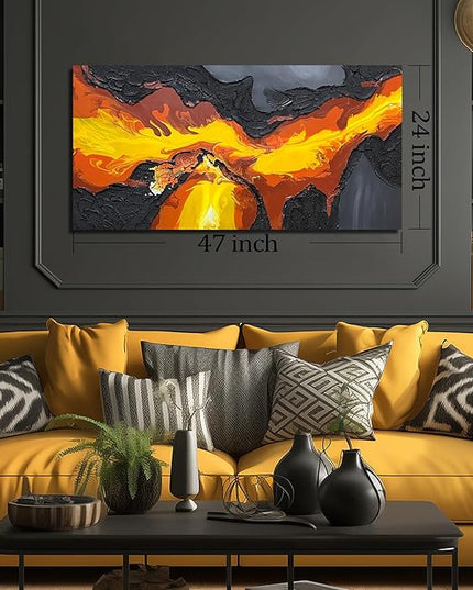 GUGIKA Abstract Wall Art for Living Room, Black and Gold Yellow Volcanic Lava Canvas Wall-Decor for Bedroom, Hand Painted 3D Textured Magma Paintings, Size 47x24 Inches