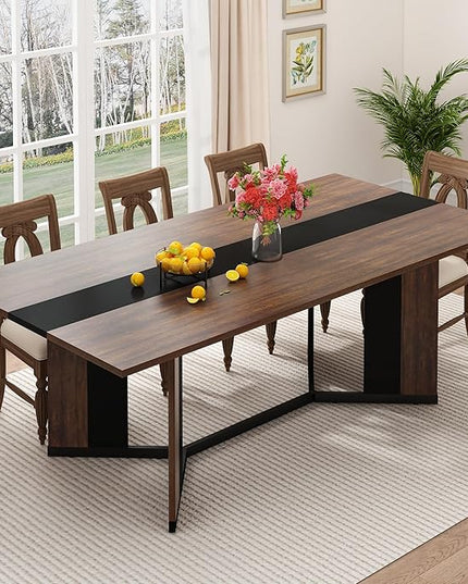 71 inch Dining Table for 4 5 6 | Modern Brown and Black Rectangular Kitchen Table W/Waterproof Wood Tabletop,Farmhouse Long Dining Room Tables W/Adjustable Legs&Wood Strip Base for Kitchen Living Room