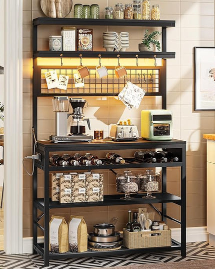 Itaar Bakers Rack with Power Outlet, 6-Tier Coffee Bar, Microwave Stand with Wine Rack, LED Lights and 10 Hooks, Bakers Racks for Kitchens with Storage, Black