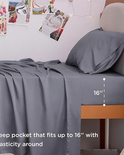 Bedsure Twin XL Sheet Set Dorm Bedding, Cooling Sheets Twin Extra Long Sheets, Rayon Derived from Bamboo, Deep Pocket Up to 16", Hotel Luxury Silky Bedding Sheets & Pillowcases, Dark Grey