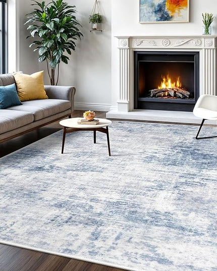 IOHOUZE Abstract Area Rugs 6x9 Ft Washable Rugs for Living Room, Non Slip Dining Room Rug, Printed Faux Wool Rugs for Bedroom, Floor Carpet for Office Nursery Playroom, Light Blue White