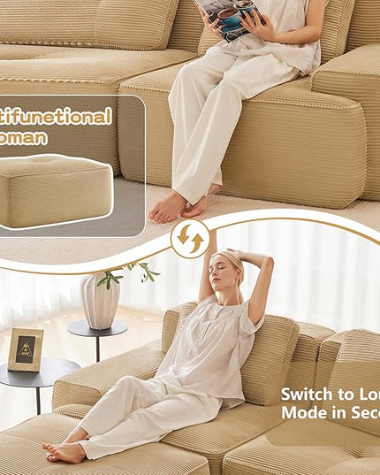 Hommoo Oversized Modular Sectional Sofa, 8 Seat Sleeper Sofa Bed, Comfy Corduroy Couch with Deep Seat, 153”Convertible Boneless Sofa with Ottoman for Living Room No Assembly Required Camel