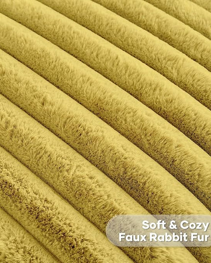 FUTEI Mustard Yellow Throw Pillow Covers Set of 2, 22x22 Inch Striped Texture Cushion Cases with Soft Faux Rabbit Fur Front & Velvet Back, Modern Decorative Couch Pillows for Living Room