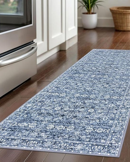 2x5 Washable Small Area Rug for Entryway, Blue Soft Non-Slip Indoor Door Mat Distressed Floral Low-Pile Rus Neutral Vintage Carpet for Entrance Kitchen Bedside Farmhouse