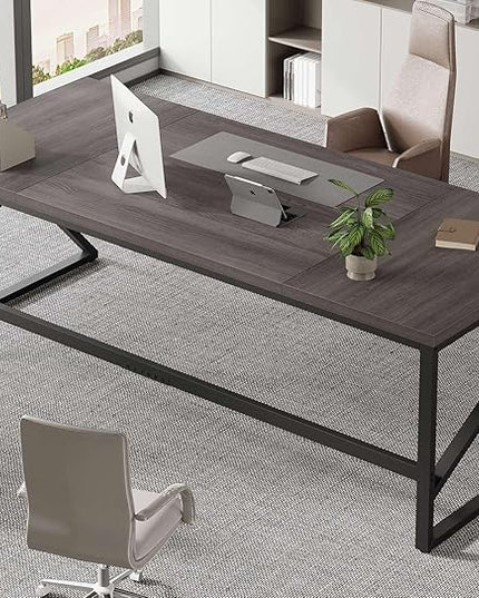HSH Extra Long Home Office Desk, Industrial Metal Wood Computer Desk, Large PC Laptop Table for Two Person Executive Writing Work Study Gaming, Bedroom Living Room Dual Monitor Desk, Dark Gray,78 Inch