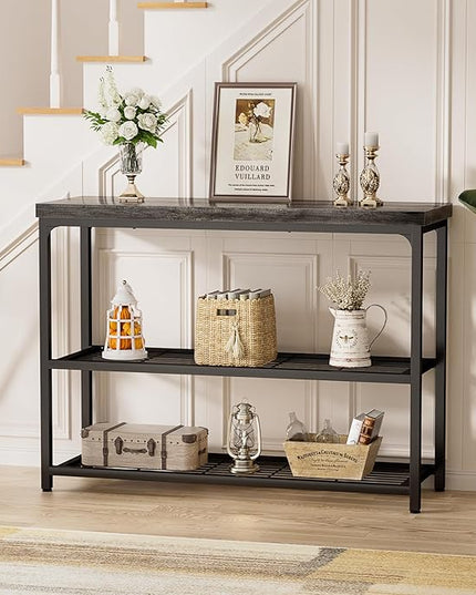 47" Console Table with Storage, 3-Tier Narrow Entryway Table, Sofa Table with Mesh Shelves, Console Tables for Living Room, Bedroom, Hallway, Entryway, Foyer, Oak Grey