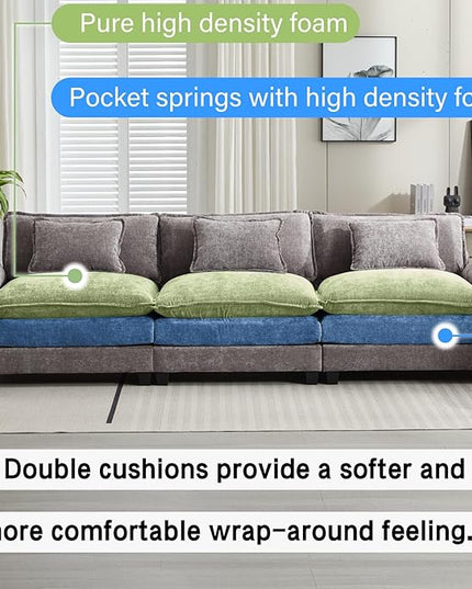 120" Modular Sectional Sofa, Comfy Cloud Couch Sectional Sofa, Chenille Sofa Sleeper Deep Seat Sofa with Throw Pillows for Living Room (Light Gray, 120"- 3 Seater)