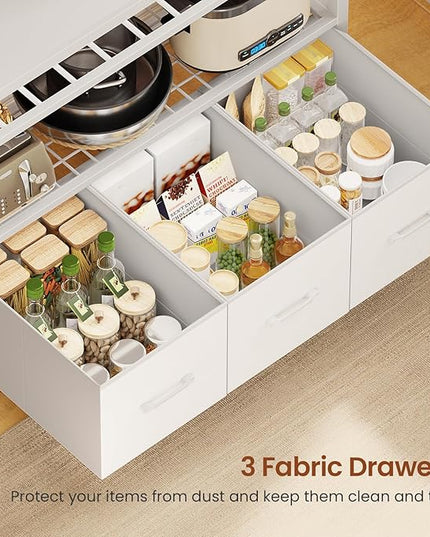 Itaar Bakers Rack with Storage and Power Outlet, 35.4 inch Microwave Stand with Fabric Drawers, Kitchen Coffee Bar Cabinet with Hutch, LED Lights, Wine Rack and Hooks, White