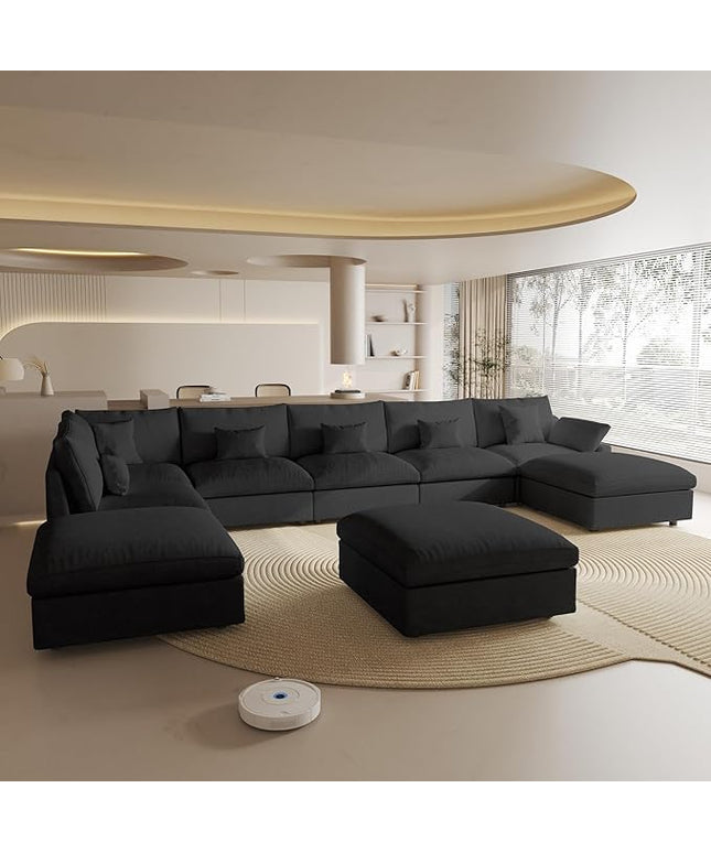 Cloud Couch for LivingRoom,190" U Shaped Modular Sectional Couch with Storage Ottoman,Down Filled 9 Seater Convertible Sleeper Sofa Bed Oversized Furniture,Black