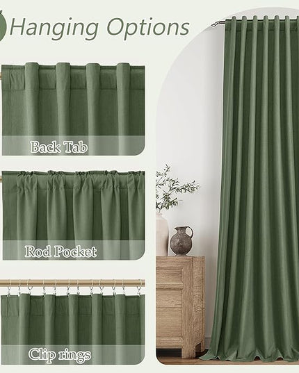 Guken Olive Green Blackout Curtains 108 Inch Length 2 Panels Set for Living Room Bedroom Back Tab Thermal Insulated 100% Black Out Linen Drapes Room Darkening Window Curtains 108 Inches Long