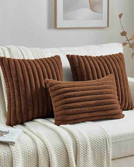 FUTEI Rust Throw Pillow Covers Set of 2, 12x20 Inch Striped Texture Lumbar Pillow Cases with Soft Faux Rabbit Fur Front & Velvet Back, Modern Decorative Couch Pillows for Living Room