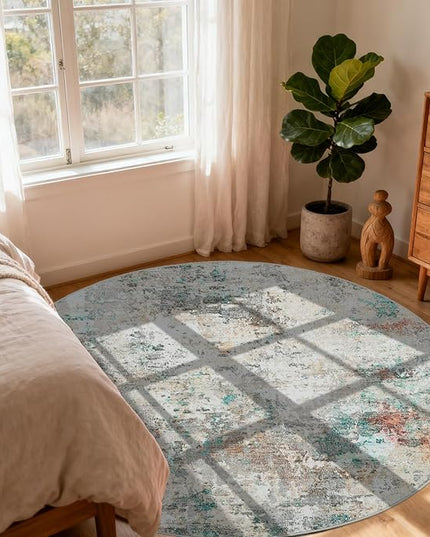 Modern Abstract 8x8 Round Area Rug Non Slip Non Shedding Rug Low Pile Stain Resistant for Bedroom Living Room Office Dining Room,Colorful