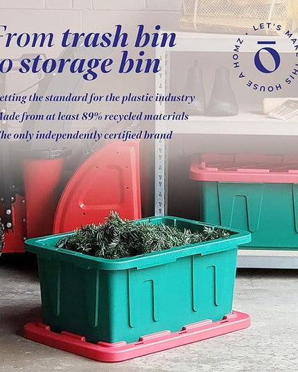 HOMZ 4-Pack Durabilt Tote, Heavy Duty Plastic Storage Bins with Lids, 15 Gallon, Green/Red - Stackable Organizing Containers for Home, Garage, and Office