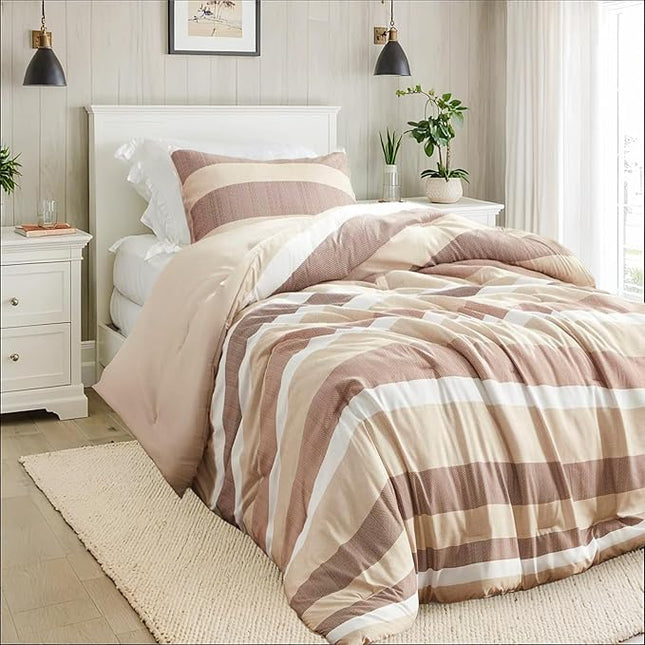 Twin Comforter Set, 2 Pieces Striped Bed Set, Soft Brushed Microfiber Reversible Bedding Set for All Season, Lightweight & Breathable Bedding Set with Comforter & Sham, Terracotta