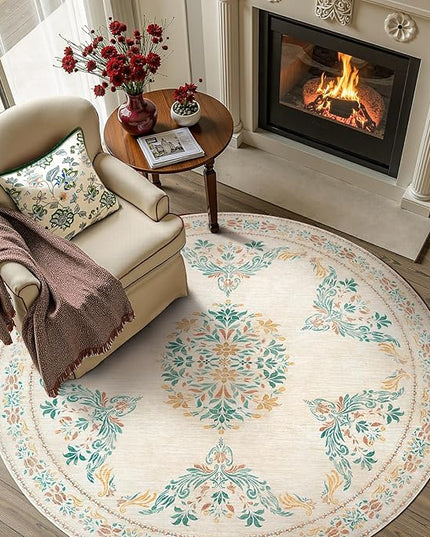 jinchan Round Rug 5ft Area Rugs Vintage Floral Distressed Design, Machine Washable Soft Non-Slip Low-Pile Ultra-Thin Circle Rug for Entryway Living Room Dining Room Bedroom (5' Round, Apricot Multi)