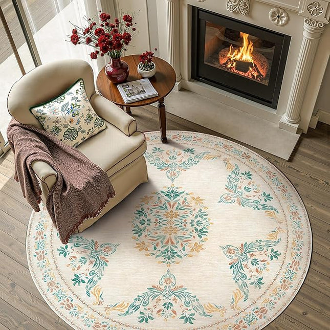 jinchan Round Rug 5ft Area Rugs Vintage Floral Distressed Design, Machine Washable Soft Non-Slip Low-Pile Ultra-Thin Circle Rug for Entryway Living Room Dining Room Bedroom (5' Round, Apricot Multi)