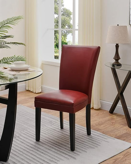 PADMA HOUSE Round Glass Dining Table Set for 6, 45in Modern Kitchen Small Wood Dinner Table with 6 Parsons Leather Dining Chairs 7 Piece Dining Room Table Chair Set, Clear&Wine Red