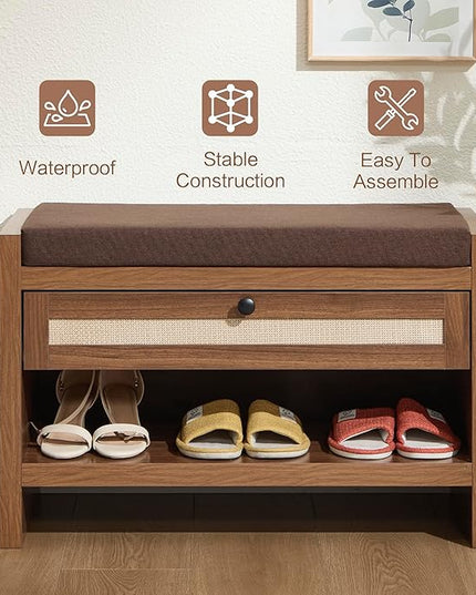 Rattan Shoe Bench Entryway Bench with Storage Drawer and Linen Seat Cushion, Farmhouse Boho Shoe Rack Bench, Wooden Storage Bench for Entryway Hallway and Bedroom - Oak