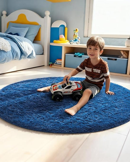 Ophanie Round Rug 4Ft Blue Circle Area Rug, Boys Room Decor, Fluffy Fuzzy Bedroom Carpet, Plush Soft Shaggy Living Room Rugs for Kids Home Decor Aesthetic, Nursery