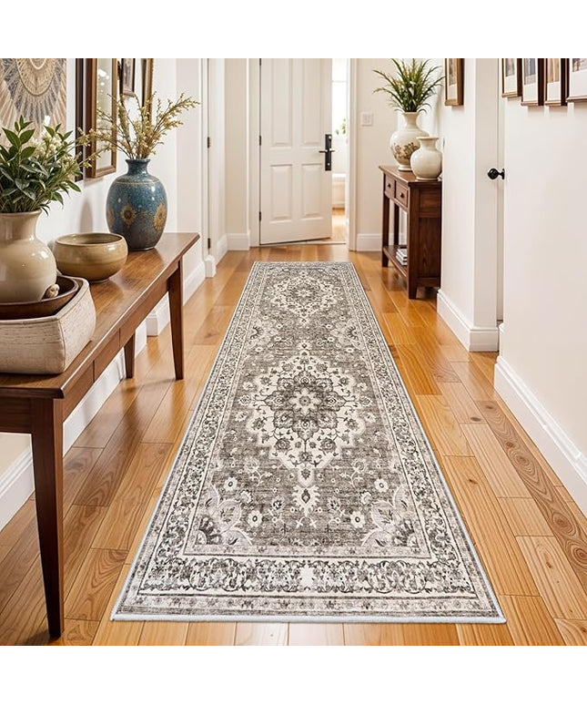 Washable Oriental Hallway Runner Rug - 3x8 Rugs for Living Room Soft Carpet for Bedroom Kitchen Waterproof Floral Distressed Indoor Stain Resistant Non-Shedding Floor Carpets (Beige, 3X8)