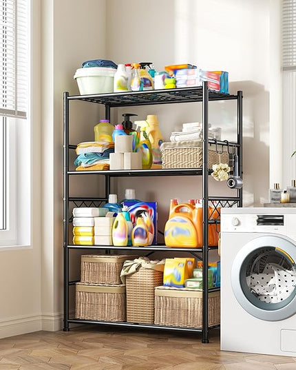 Storage Shelves 4-Tier Large Capacity Metal Shelving with Hooks, Heavy Duty Garage Shelving Unit with Leveling Feet, Stable Metal Shelves for Pantry, Kitchen and Closet,36" W x 12" D x 60" H, Black