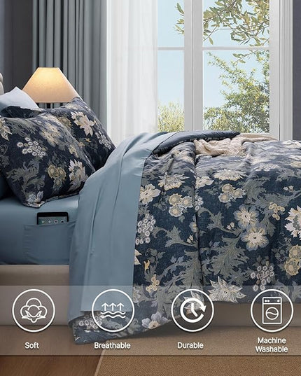 Full Comforter Set -7 Pieces Floral Navy Blue Comforter Set for All Seasons, Bed in a Bag Full with Botanical Flowers Comforter, Sheets, Pillowcases & Shams