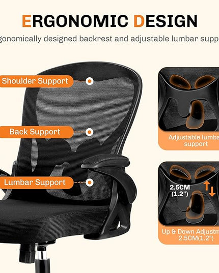 Office Chair, Ergonomic Mesh Desk Chair with Adjustable Lumbar Support & Flip-Up Armrest, Mid Back Computer Chair, Swivel Task Rolling Chair for Home and Office (Black)