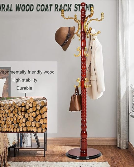 73" Wooden Coat Rack Stand,Coat Racks Freestanding With 14 Hooks And Solid Round Base Heavy Duty Adjustable Height Hall Tree Coat Rack for Entryway Hallway Foyer Office Bedroomf (Begonia)