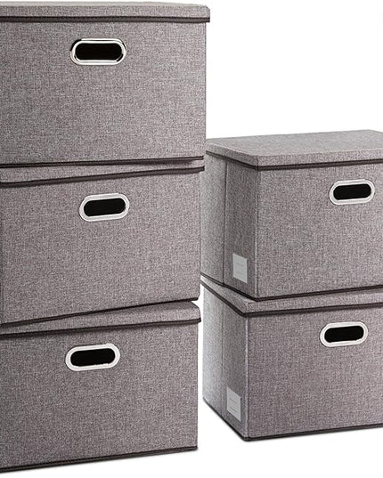 PRANDOM Large Collapsible Storage Containers with Lids [5-Pack] Linen Fabric Foldable Storage Bins Boxes Organizer Baskets Cube with Cover for Home Bedroom Closet Office Nursery (17.7x11.8x11.8)