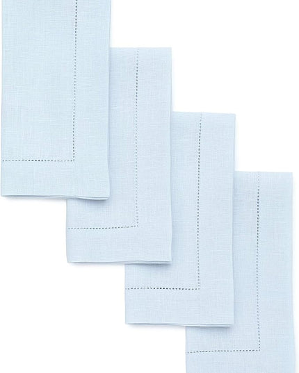 Solino Home Light Blue Linen Napkins Set of 4-100% Pure Linen Hemstitch Dinner Napkins 20 x 20 Inch for Christmas, Winter, New Year - Classic Hemstitch