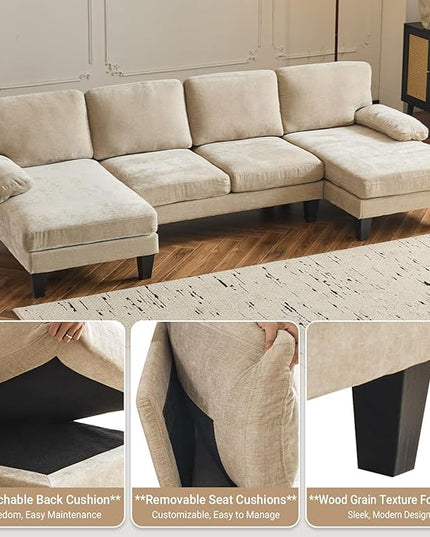 VINGLI 110" Sectional Couches for Living Room,U Shaped Couch with Double Chaise, 4-Seat Sofa Set with Chenille Fabric for Home Furniture,Light Khaki