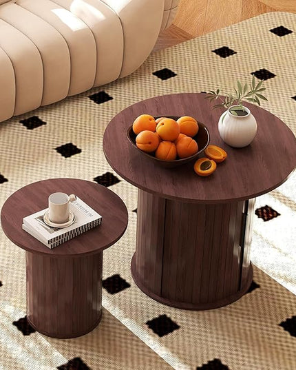 COSVALVE Round Wood Coffee Table 23.6IN with Hidden Storage & Sliding Door, Circle Farmhouse Side Table Sets for Living Room, Bedroom, Balcony, Small Spaces, Walnut