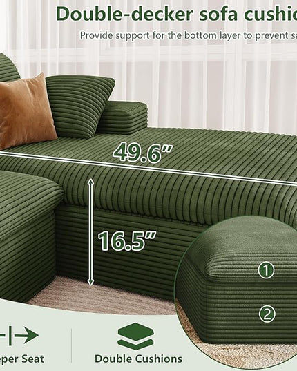 107" Cloud Couch Modular Sectional Sofa for Living Room, L-Shape Boneless Couch with Deep Seat, Modern Corduroy 3-Seater, No Assembly Required (Green,Right-Facing Chaise)