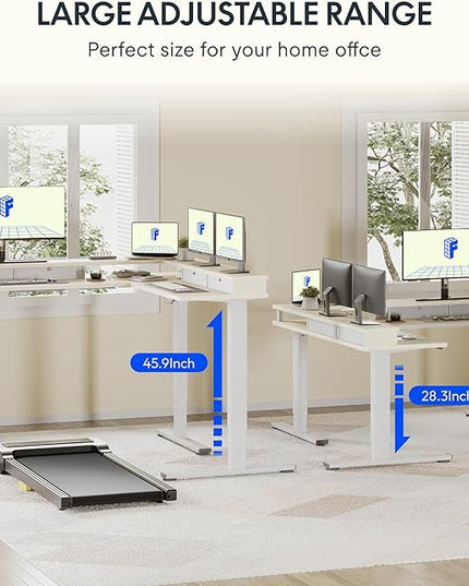 FLEXISPOT 63" L Shaped Standing Desk with Shelf Electric Corner Table, Drawers, Adjustable Computer Workstation for Home, Office,USB Charging Port, 63x55in, Light Maple Top + White Frame