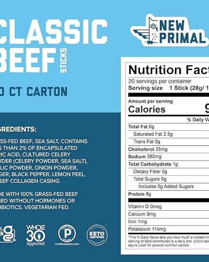 The New Primal Grass Fed Beef Sticks, Keto, Gluten Free Healthy Snacks for Adults, Sugar Free Low Carb High Protein Snack, Paleo Whole30 Jerky Meat Stick, 8g Protein, 90 Calories, 80 Pack