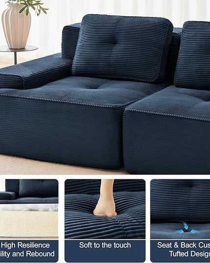 82" Convertible Modular Couches, Deep Seat L Shaped Sofas for Living Room, Modern 2 Seater Love Seat Sofa with 1 Ottoman for Small Space, Comfy Cloud Sectional Sofa Set, Corduroy Fabric Blue