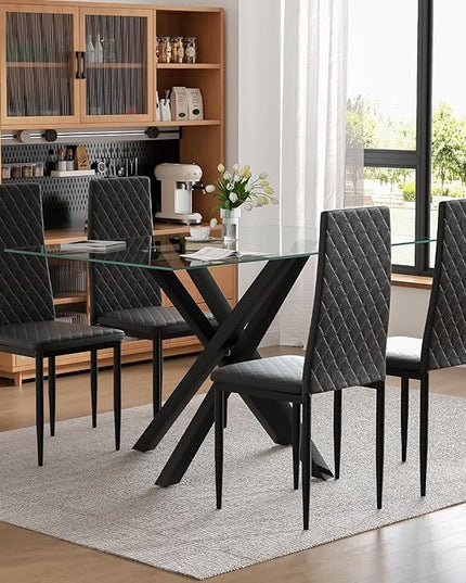 51.18 Inch Glass Dining Table, Rectangular Kitchen Glass Table for 4 People, Modern Dining Room Table for Dinner Kitchen Dining Room(Black)