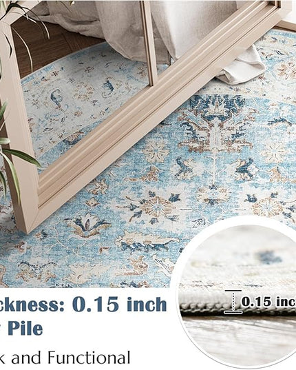 jinchan Round Rug 6ft Area Rug - Washable Boho Vintage Floral Circle 6' Round Floor Cover Lightweight Low Pile Thin Throw Non-Slip Carpet for Kitchen Living Room Bedroom Dining Room Office Light Blue