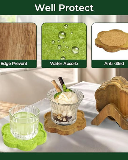 Coasters Set of 8, 3-Inch Flower Coasters with 2 Wooden Holders 4 Wooden and 4 Felt Pads, Heat-Resistant Drink Coasters for Mugs, Wine Glasses (8 Pcs Total)