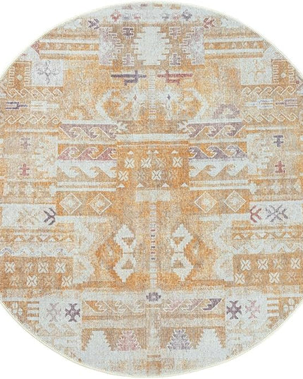 GLN Rugs Bohemian Collection - Machine Washable Area Rug, Bohemian Vintage, Non Slip, Low Pile Chenille Rug, Living Room, Bedroom, Bathroom Rug (5'3" Round Yellow)