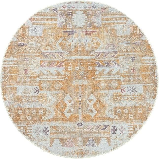 GLN Rugs Bohemian Collection - Machine Washable Area Rug, Bohemian Vintage, Non Slip, Low Pile Chenille Rug, Living Room, Bedroom, Bathroom Rug (5'3" Round Yellow)