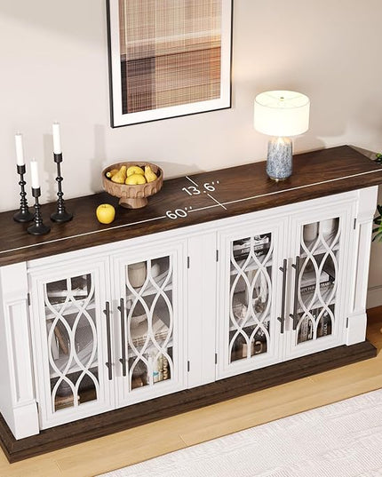 LGHM 60" Sideboard Buffet Cabinet with 4 Screen-Printed Glass Doors, Storage Cabinet with 2 in 1 Modular Design, Versatile Modern Credenza with Adjustable Shelves for Kitchen & Living Room