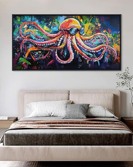 JEAWA Large Framed Wall Art - Funny Octopus Wearing Sunglasses Modern Street Graffiti Texture Wall Painting for Living Room Bedroom Teenage Boy Room Game Room Cool Posters Decor 24x48 IN